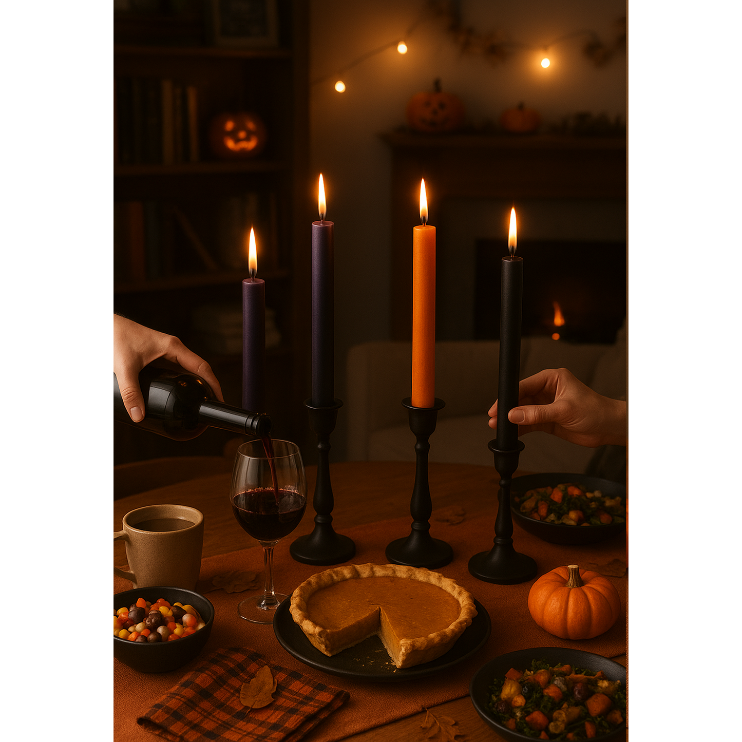 Halloween-themed dinner setup with candles, pumpkin pie, and drinks.