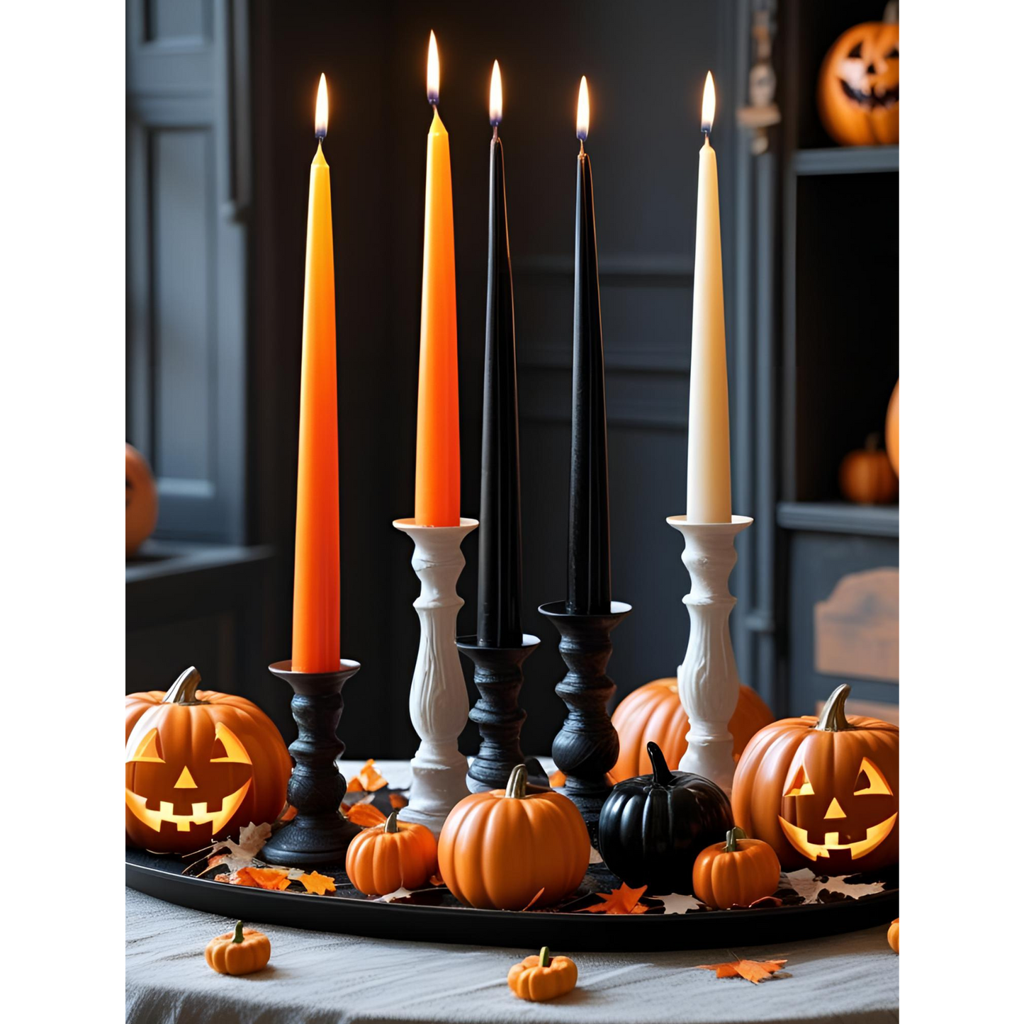 10 inch Halloween taper candles in black orange and white