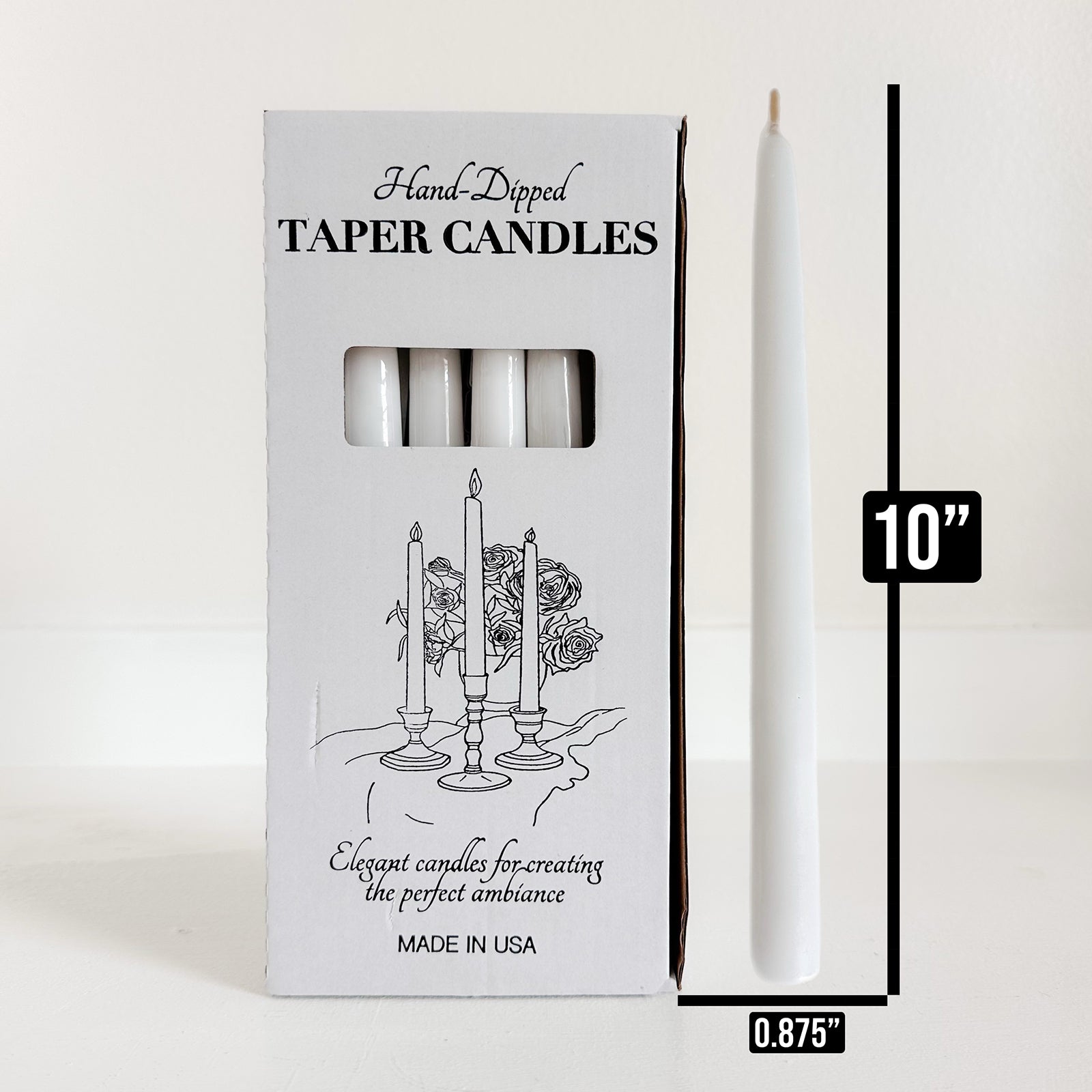 Hand-dipped taper candles with packaging and measurement details
