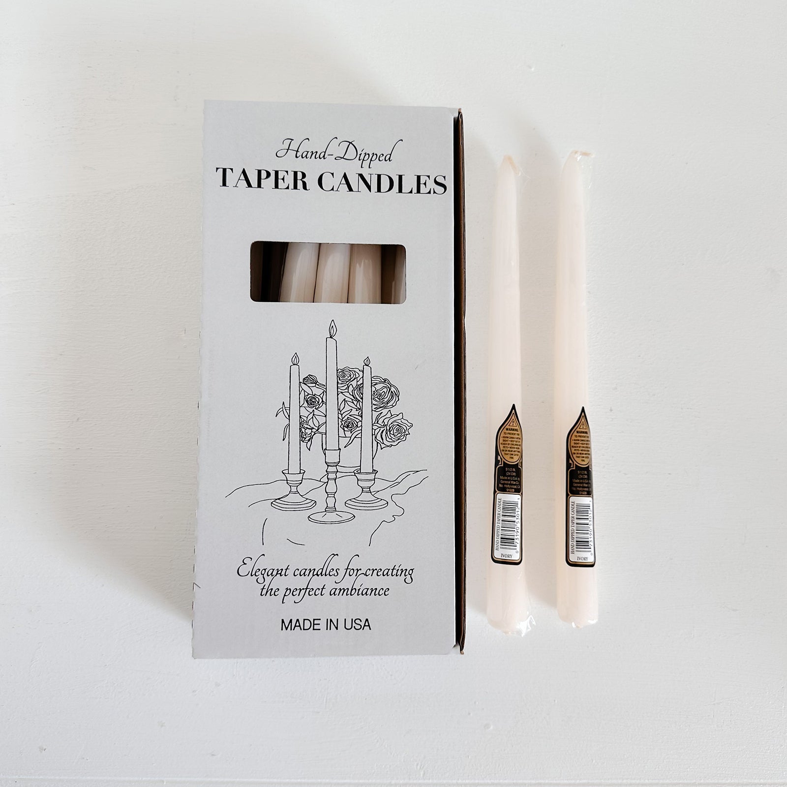 Hand-dipped taper candles with packaging