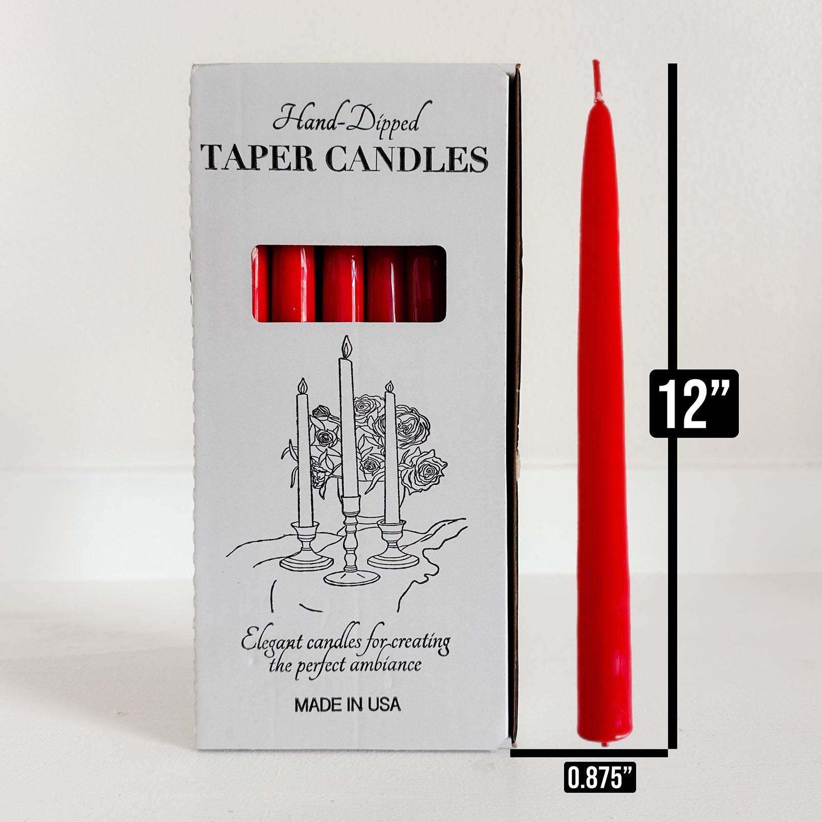 Red taper candle next to its packaging with dimensions