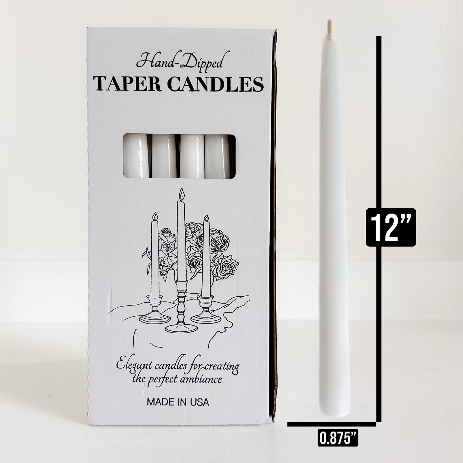 Hand-dipped taper candles with packaging and measurement details