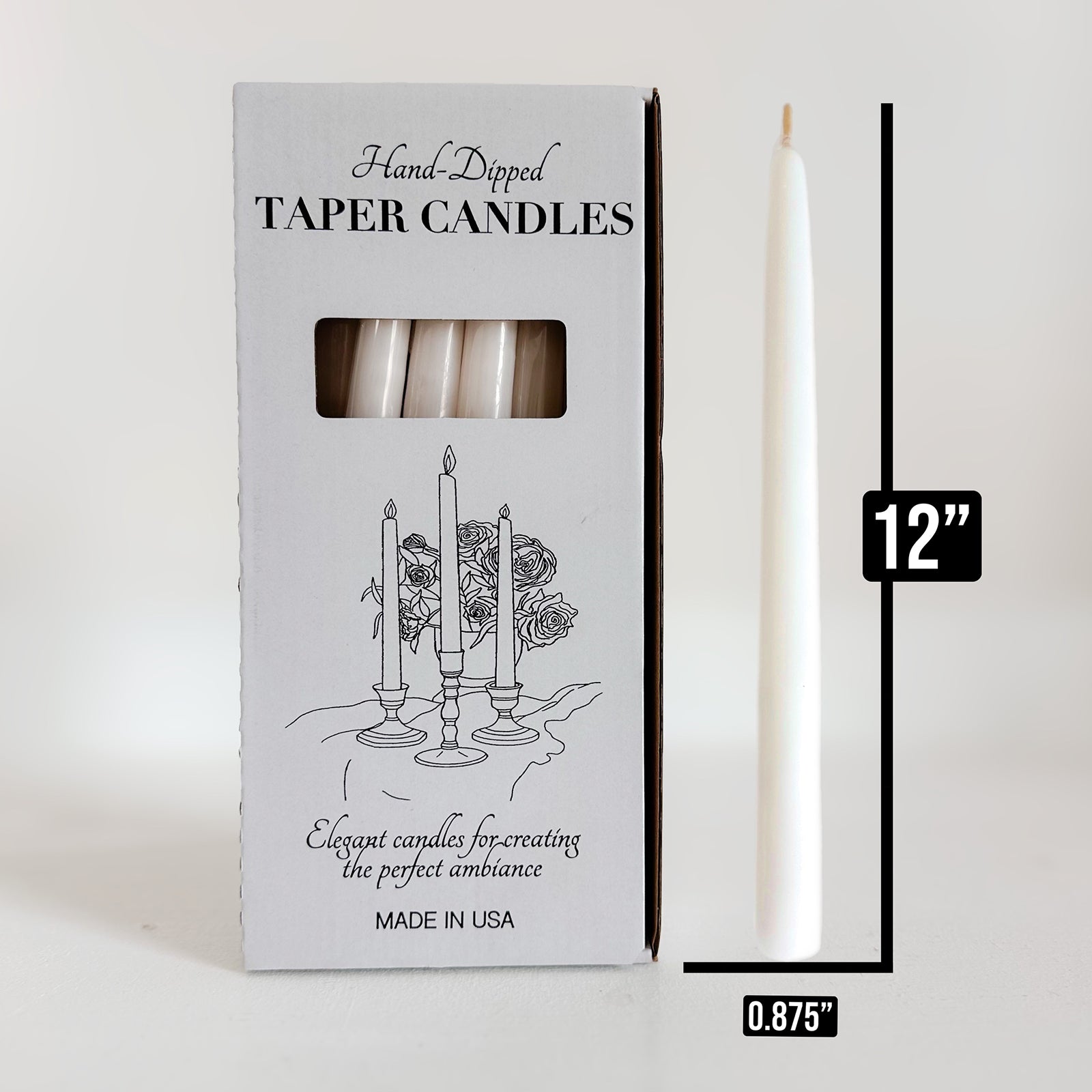 Hand-dipped taper candles in a box with dimensions