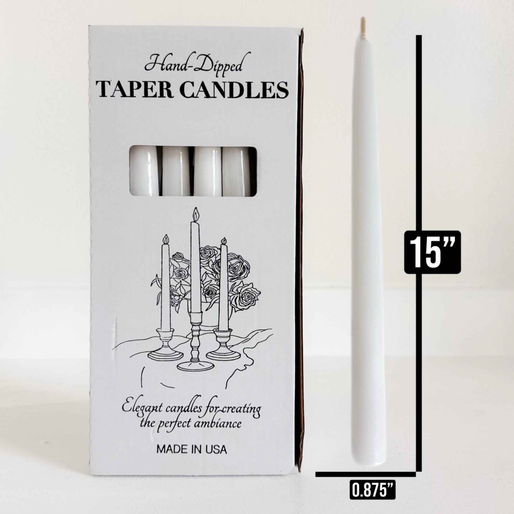 Hand-dipped white taper candles with packaging and measurements