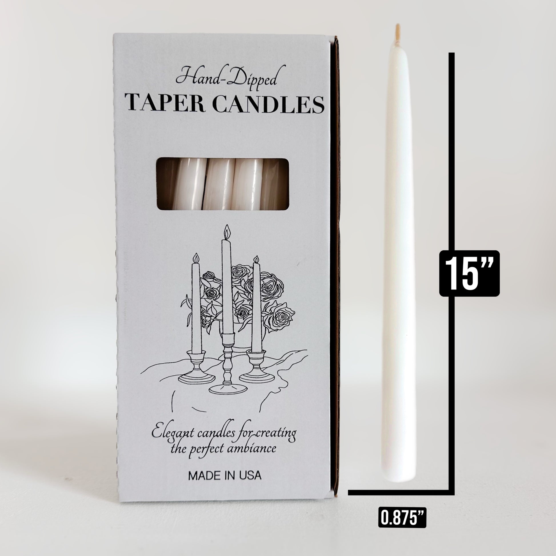 Hand-dipped ivory taper candles with packaging and dimensions