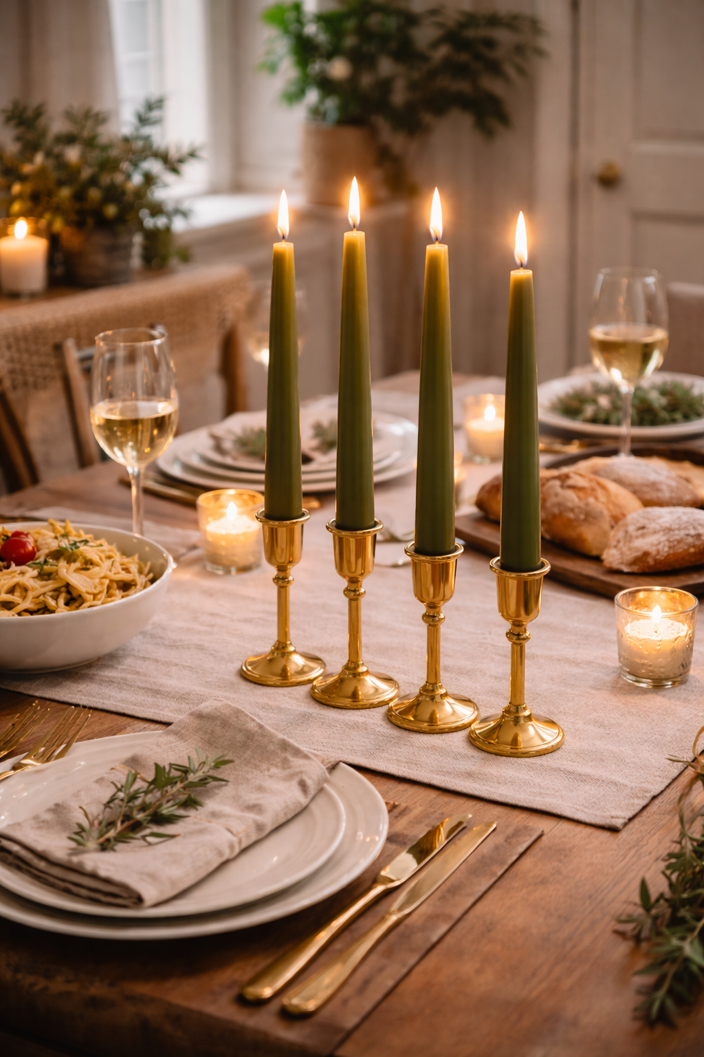 Elegant dinner table setting with candles and gold candle holders.