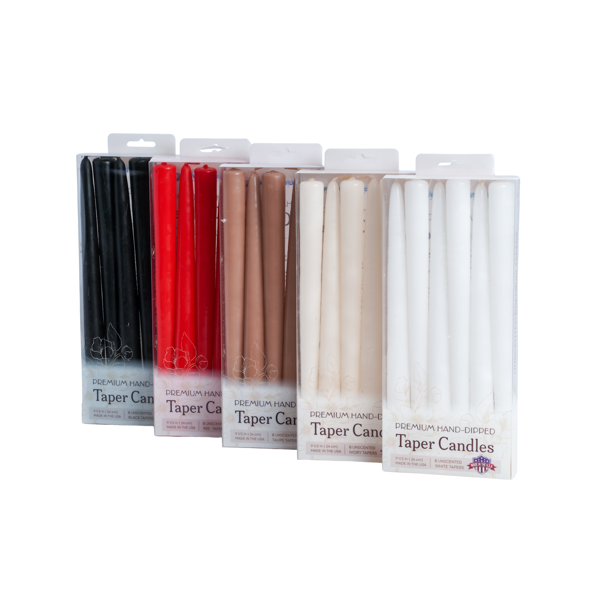 Set of five packages of taper candles in various colors background