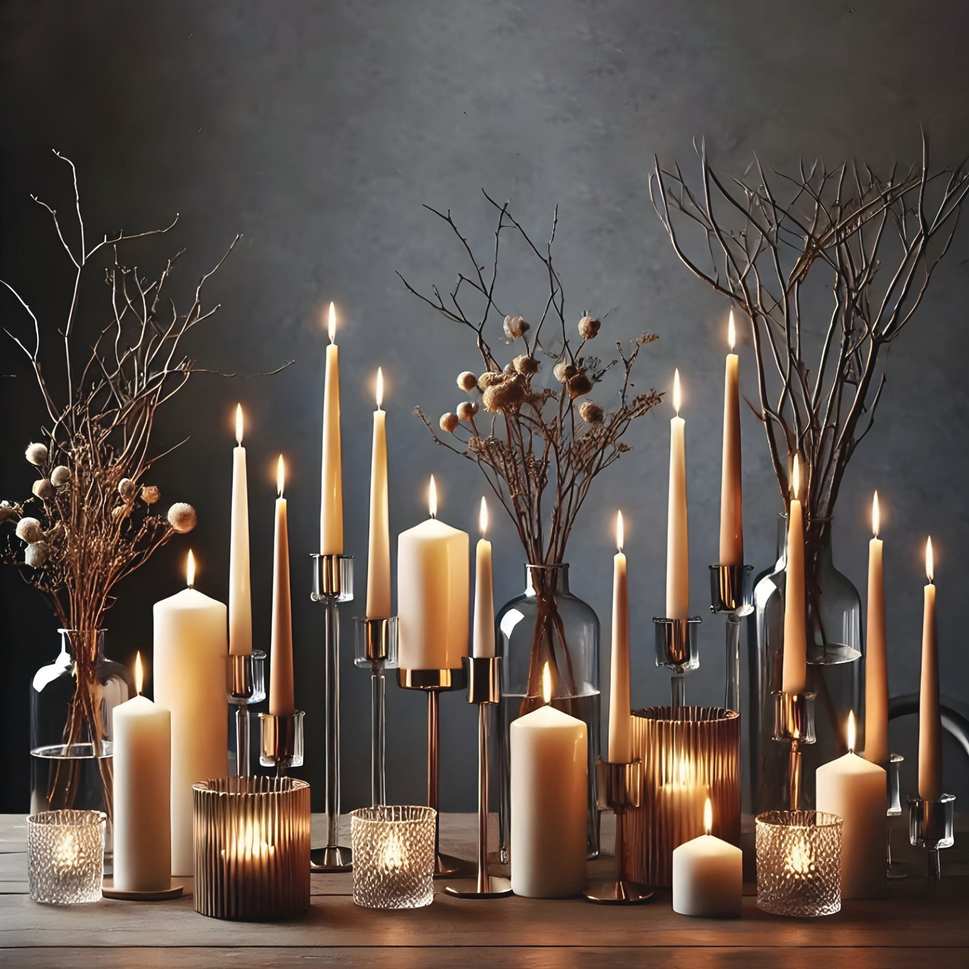 Decorative arrangement of pillar candles, tapper candles, votive candles and tealight candles