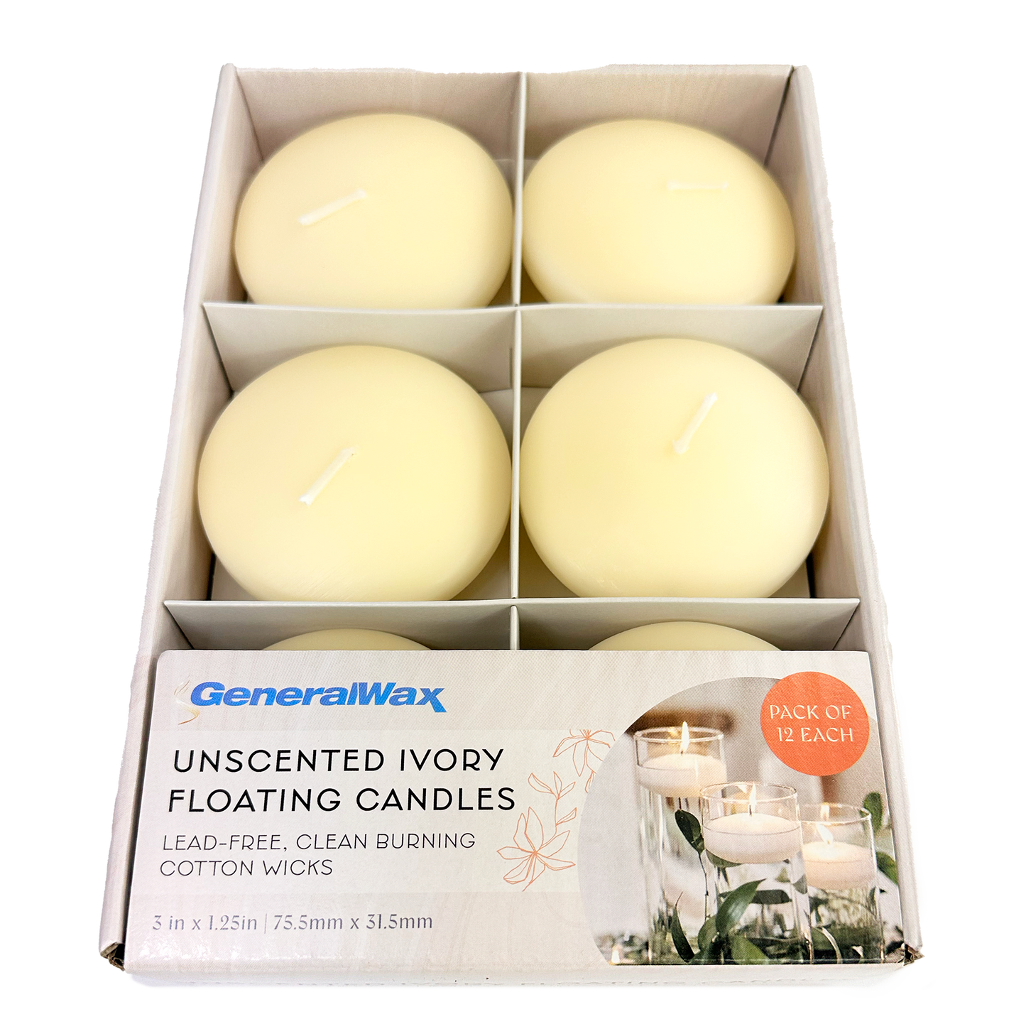 ivory unscented floating candles in retail packaging