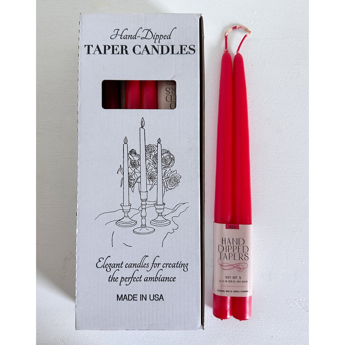 Red 12 inch taper candles with connected wick design