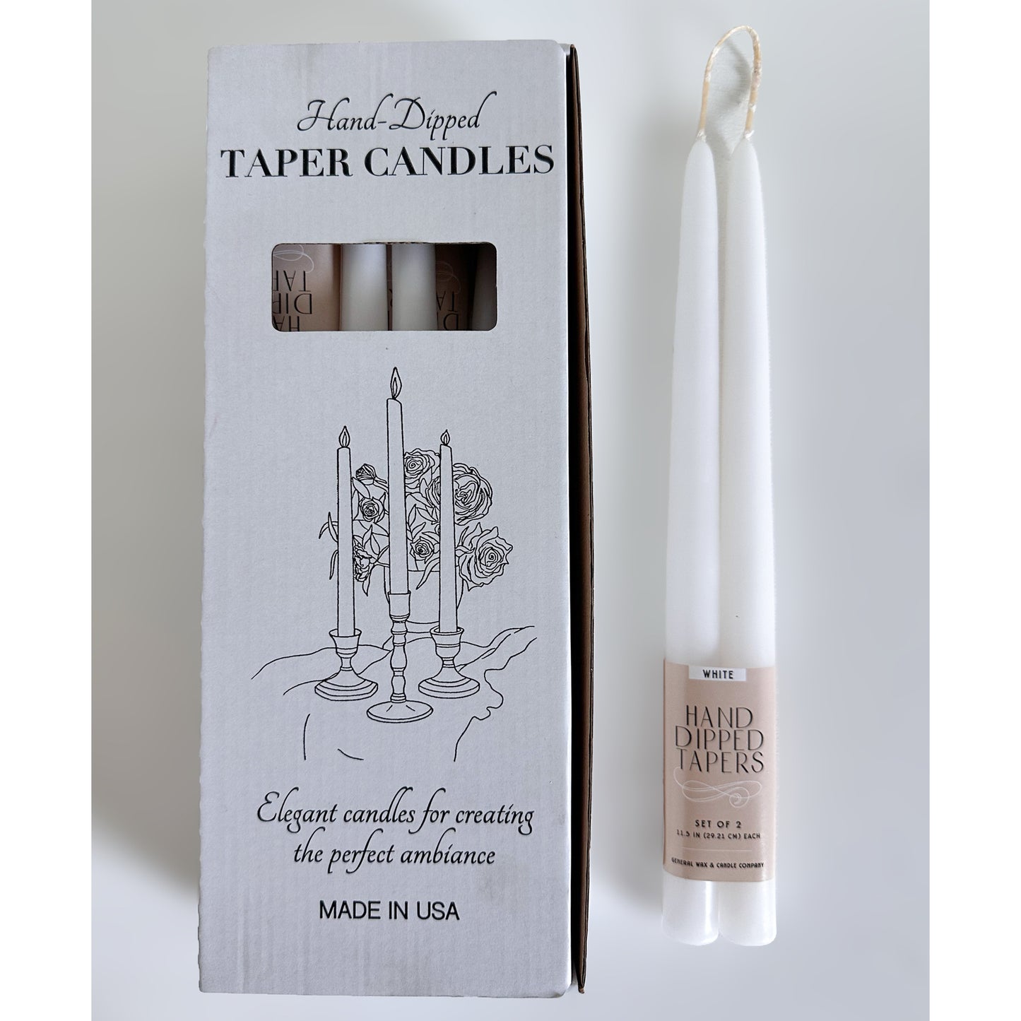 White 12 inch taper candles with connected wick design