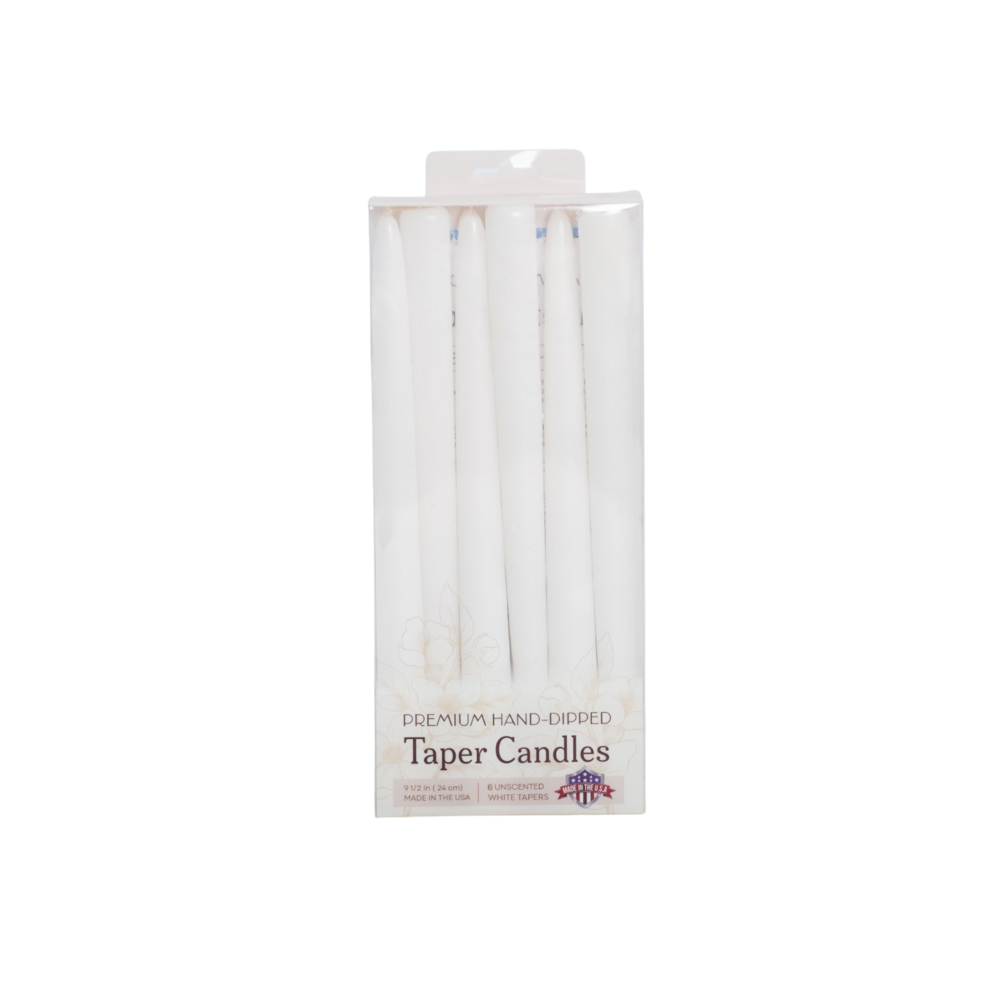 Pack of premium hand-dipped taper candles in clear packaging