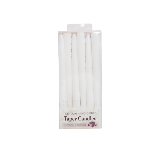 Pack of premium hand-dipped taper candles in clear packaging