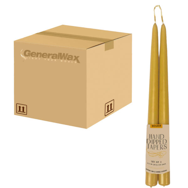 A set of hand-dipped taper candles in various colors, including white, beige, gold, orange, green, red, and purple, each pair attached at the top by a single wick.