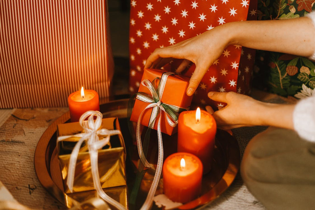 Christmas candles in tray