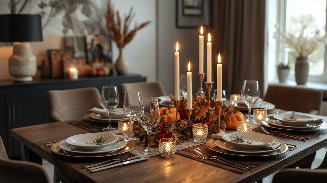 unscented candle arrangement on Thanksgiving table with votive, pillar, and tea light candles in glass holders