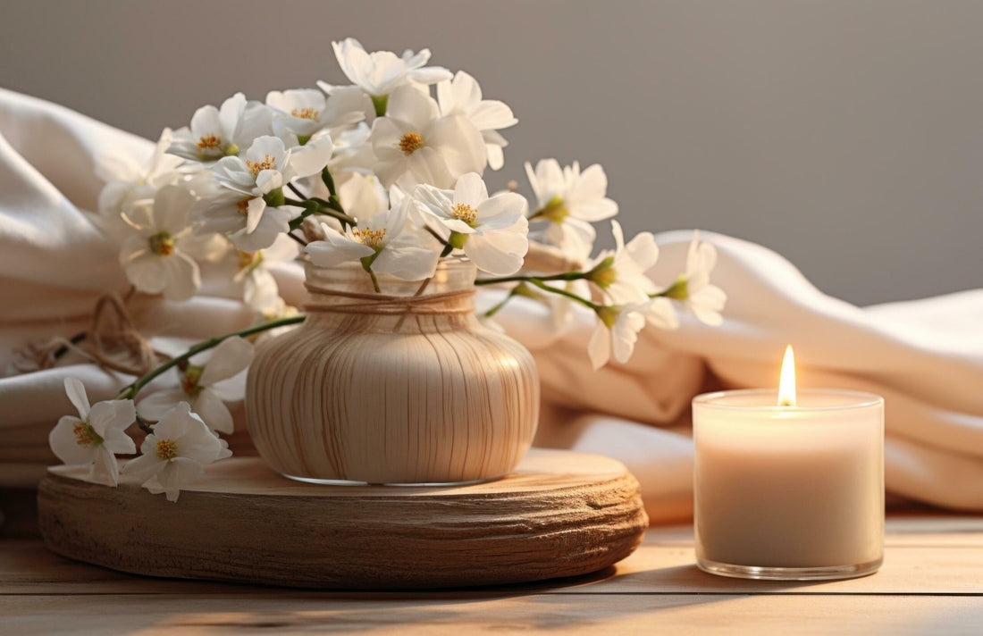 jasmine in a wooden vase and jasmine jar candle