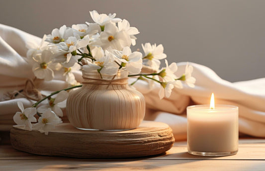 jasmine in a wooden vase and jasmine jar candle