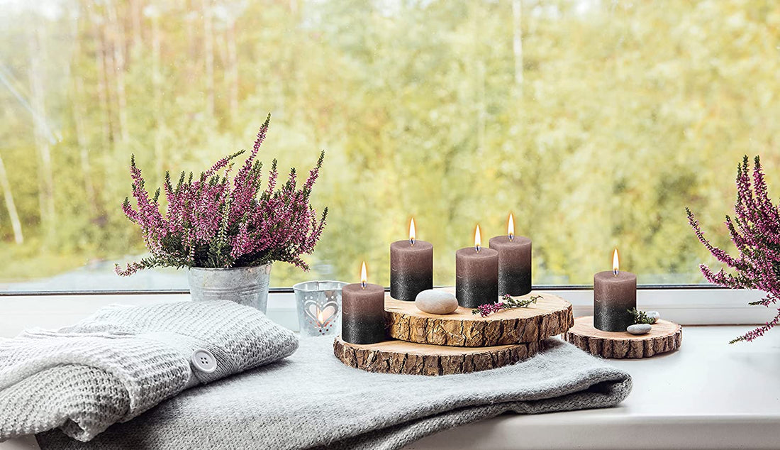 pillar candles in wooden tray