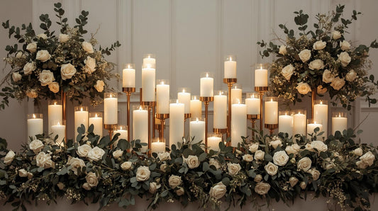 White pillar candles for a dreamy wedding atmosphere 