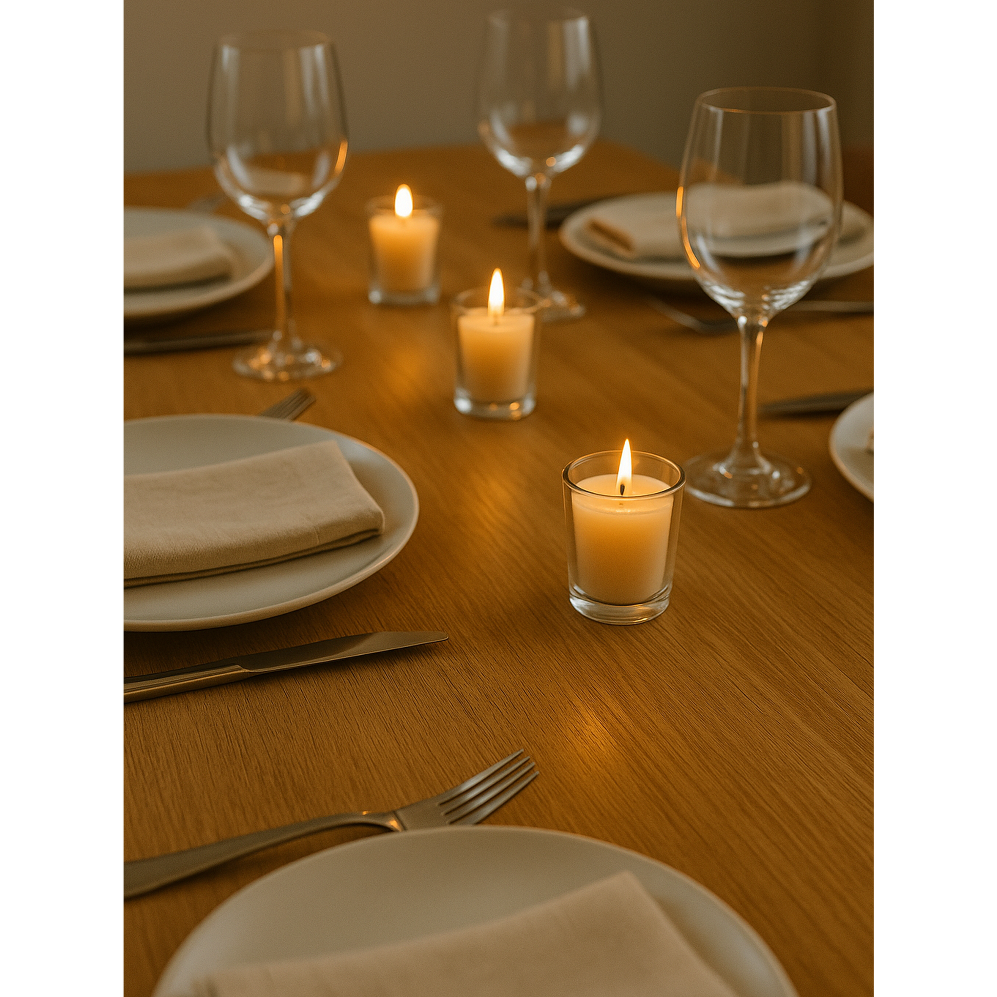 lit ivory votive candles on elegant dinner table