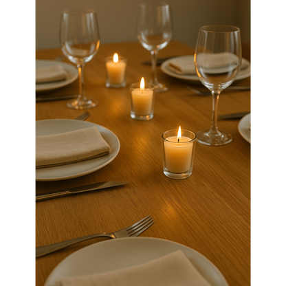 lit ivory votive candles on elegant dinner table