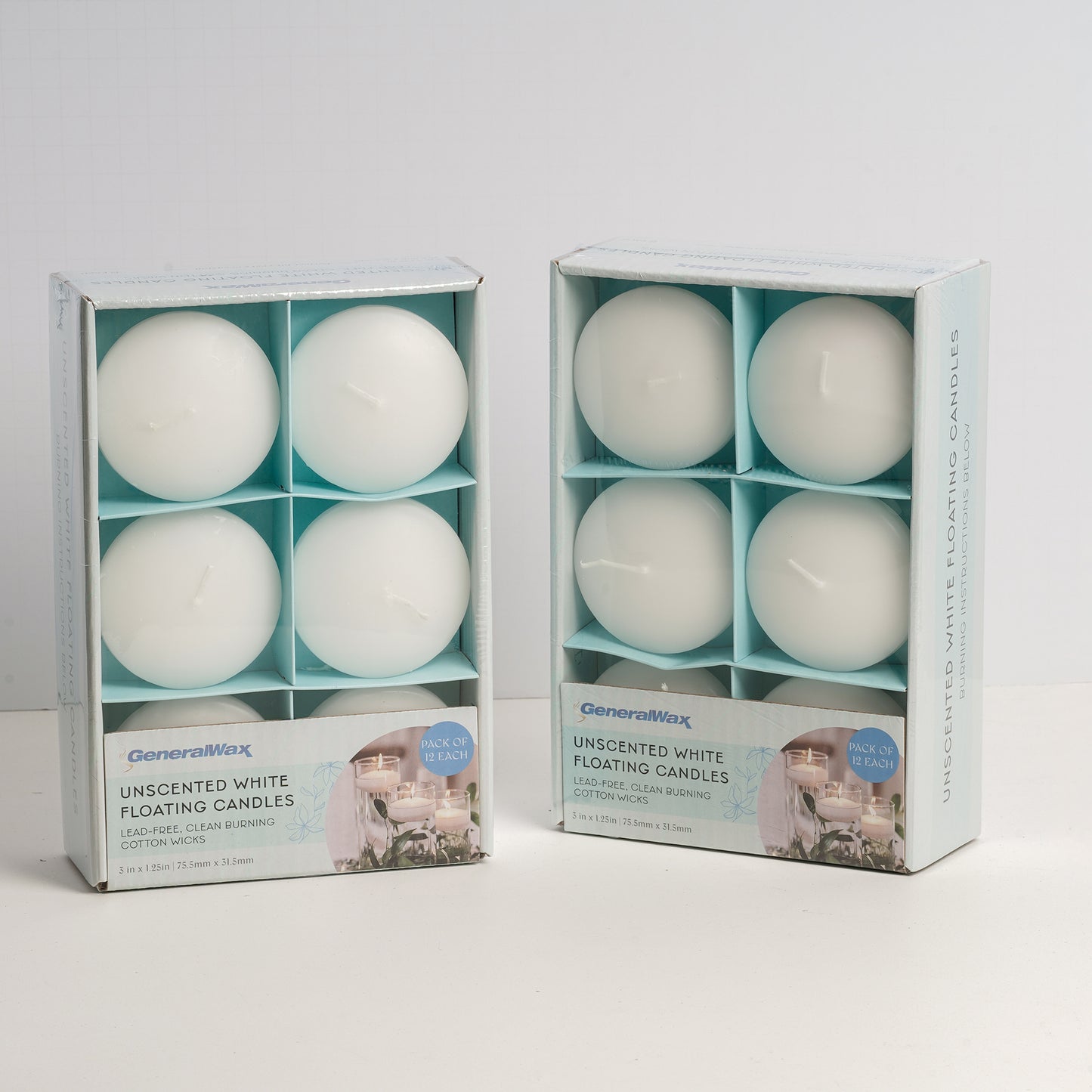 Box of 12 white round floating candles by General Wax