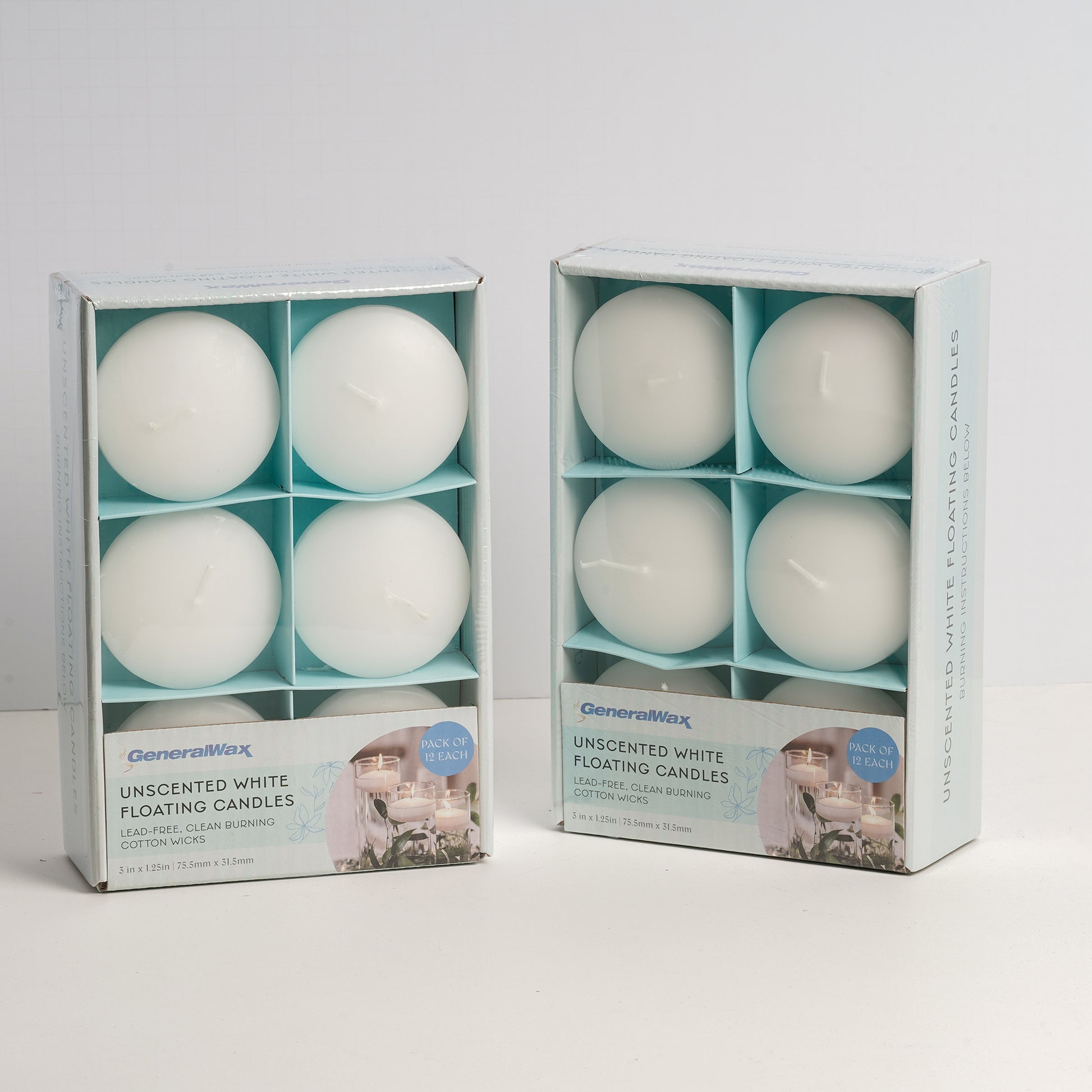 Box of 12 white round floating candles by General Wax