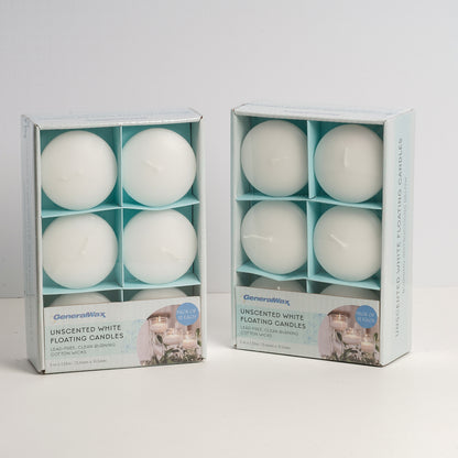 Box of 12 white round floating candles by General Wax