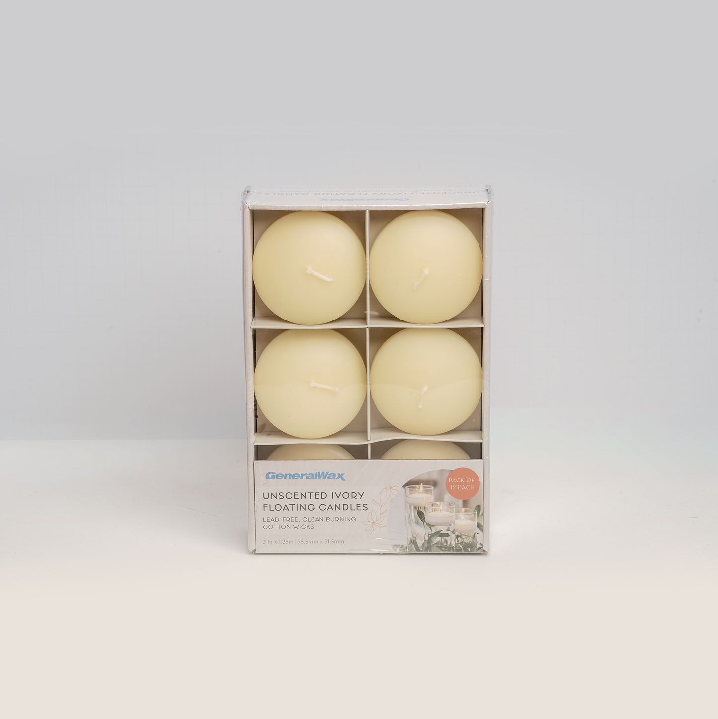 Box of 12 ivory round floating candles by General Wax