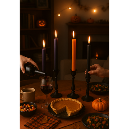 Halloween-themed dinner setup with candles, pumpkin pie, and drinks.