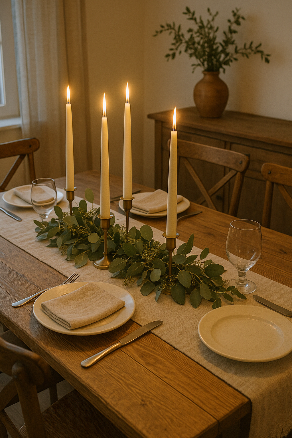 Dining table set with candles, plates, and greenery in a warm, inviting setting.