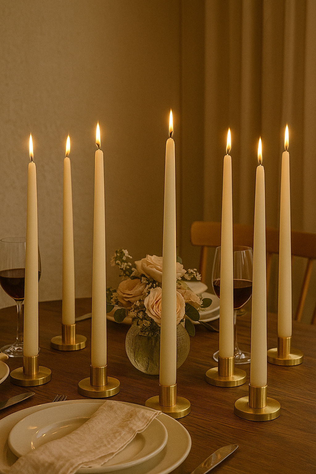 Dining table set with lit taper candles