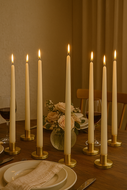 Dining table set with lit taper candles