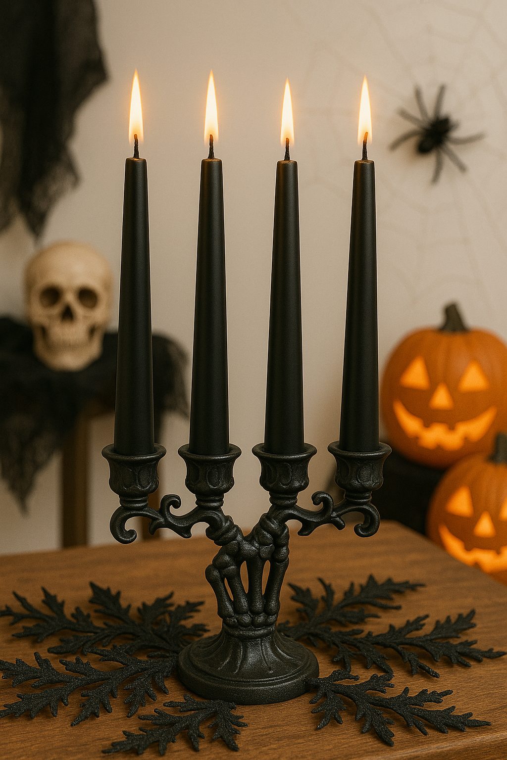 Black candle holder with four lit black candles on a wooden surface, with Halloween decorations 