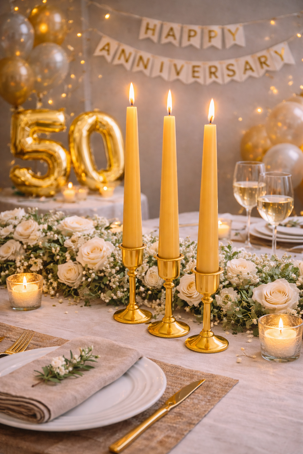 Decorated table for a 50th anniversary celebration with candles 12" Golden Taper Candles