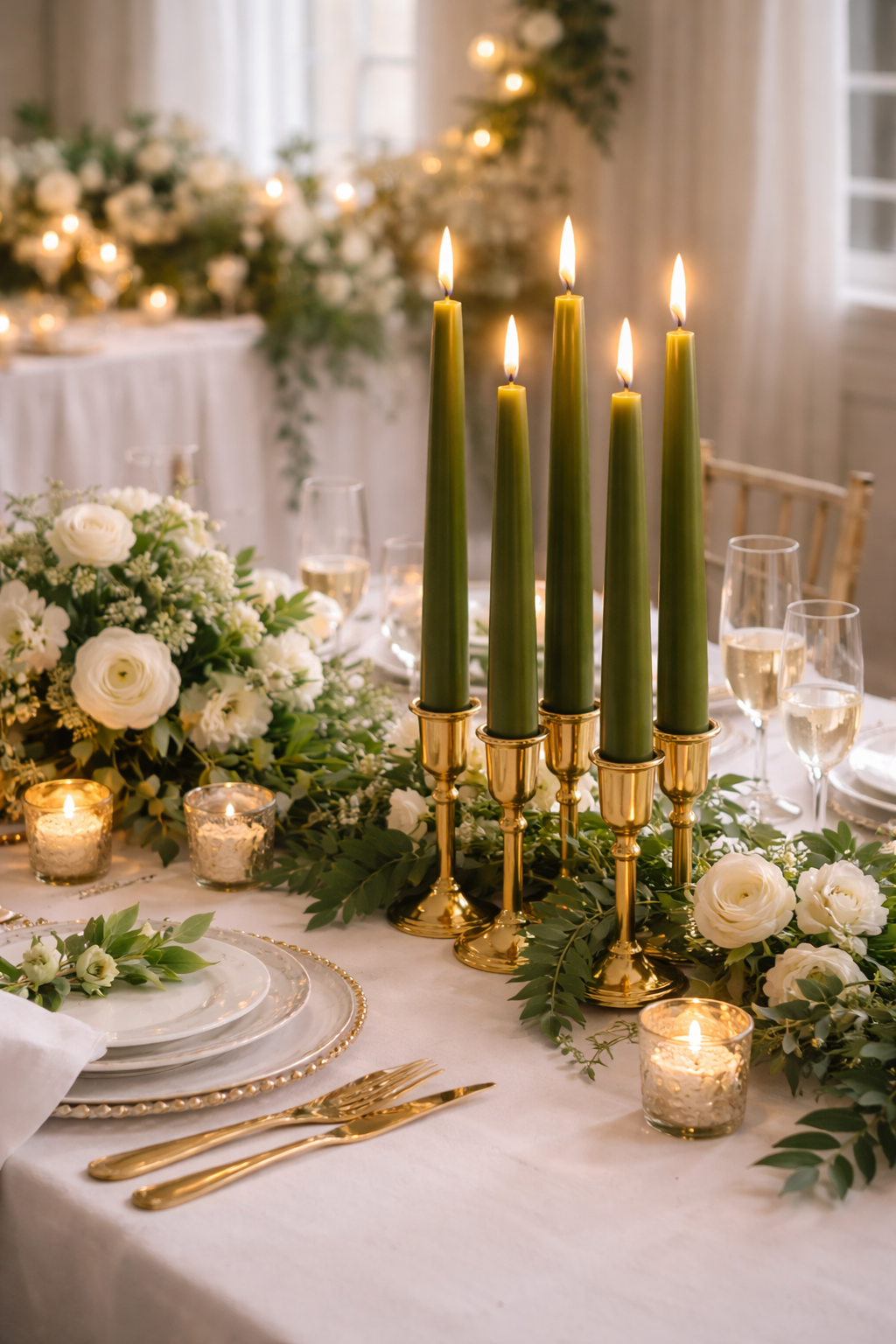 Elegant table setting with green candles, gold candle holders, and white flowers.
