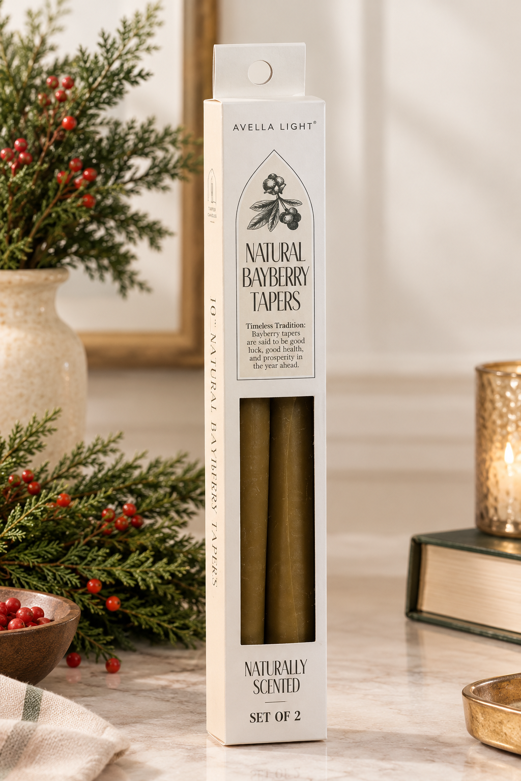 Avella Light Bayberry Tapers Natural green bayberry taper candles