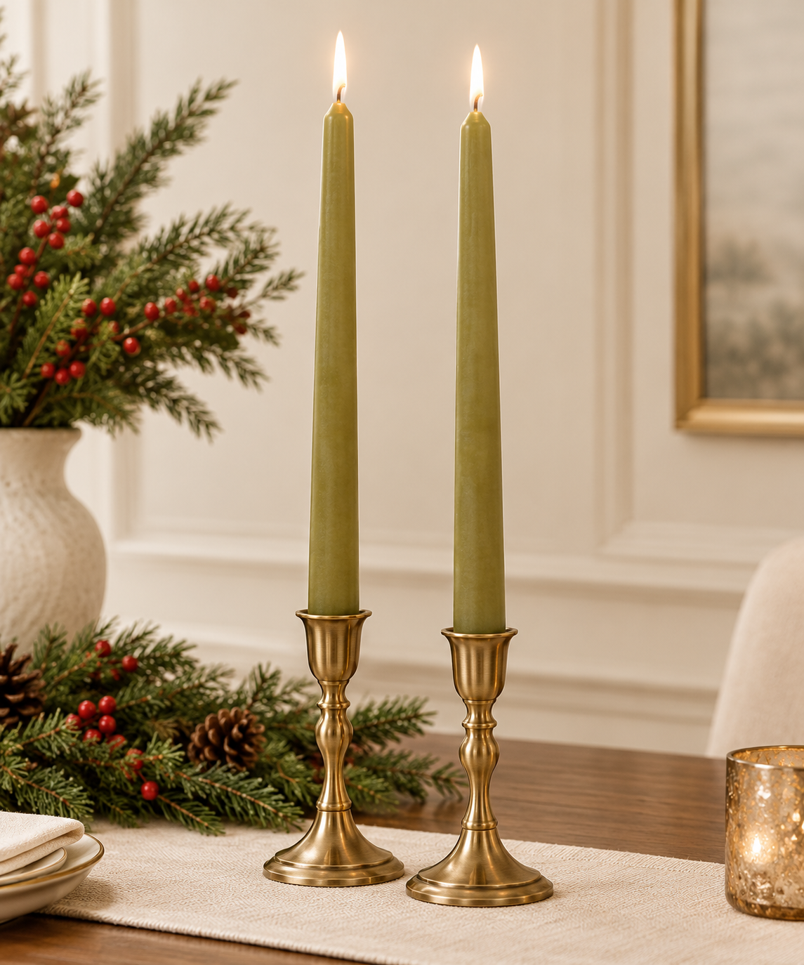 Elegant Sage Candle Holiday Vignette