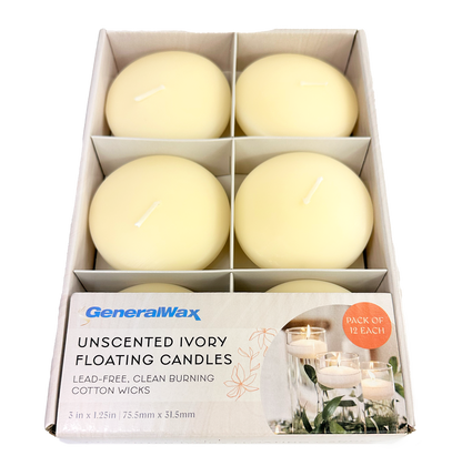 ivory unscented floating candles in retail packaging