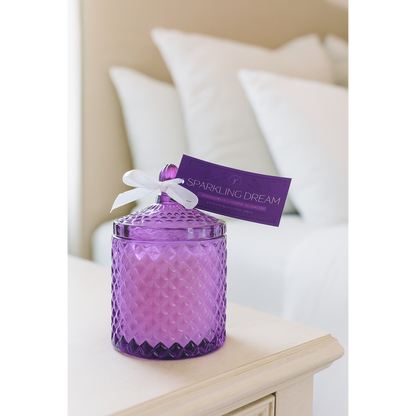 Lavender scented candle in jar for soothing ambiance