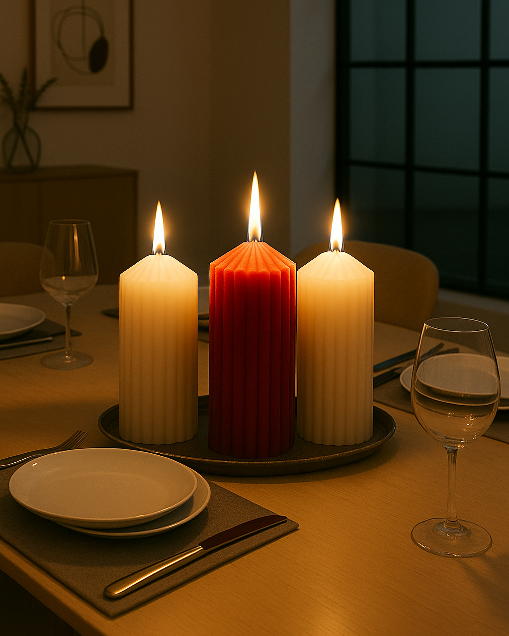 Pillar candles with tray turn on