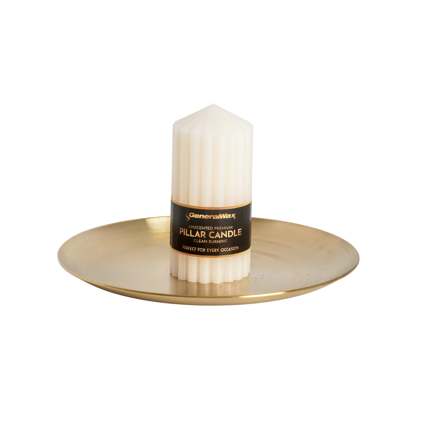 Premium Ribbed Ivory Pillar Candle on the tray