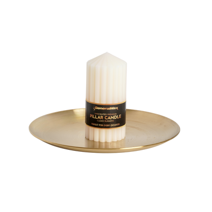 Premium Ribbed Ivory Pillar Candle on the tray
