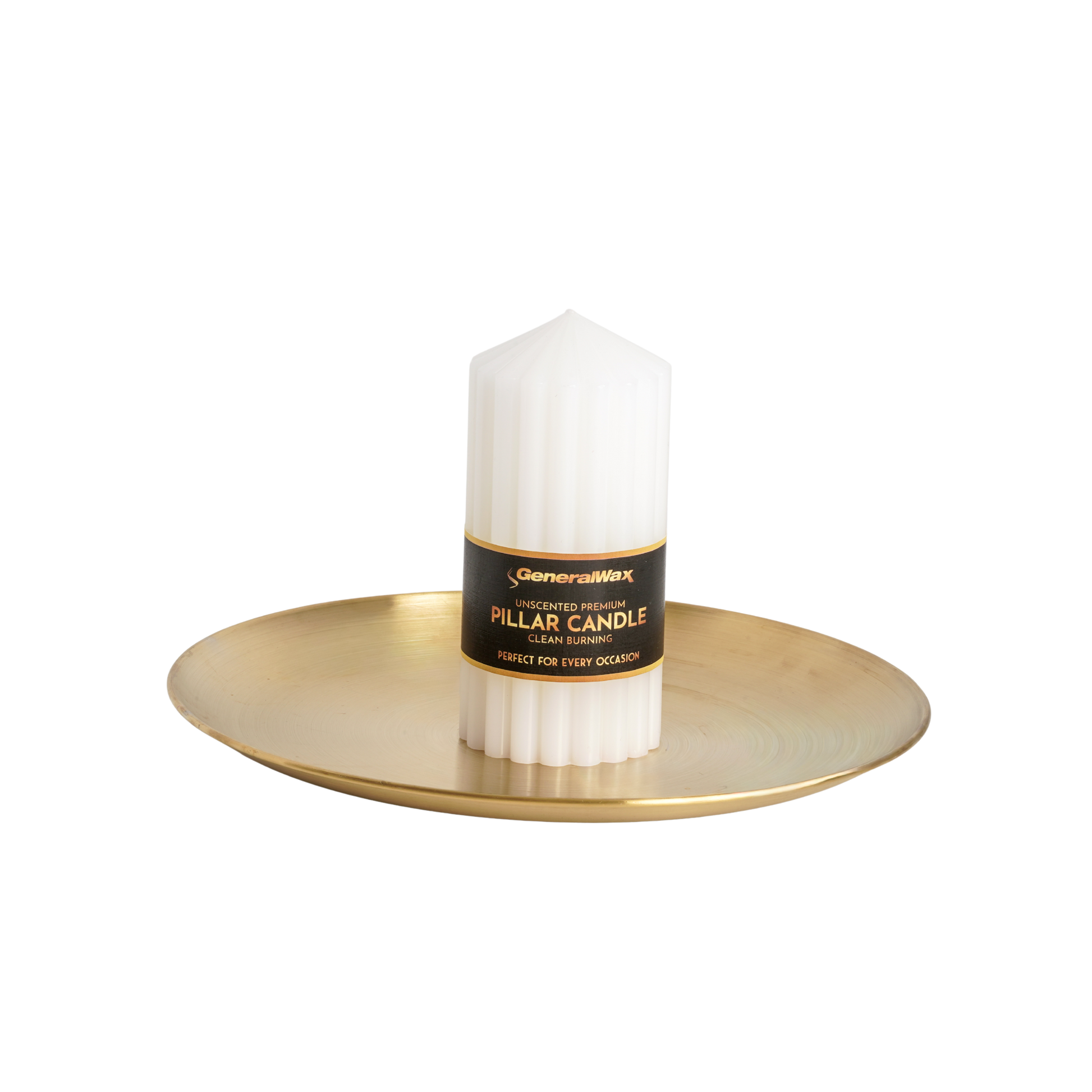 Premium Ribbed White Pillar Candles on the tray