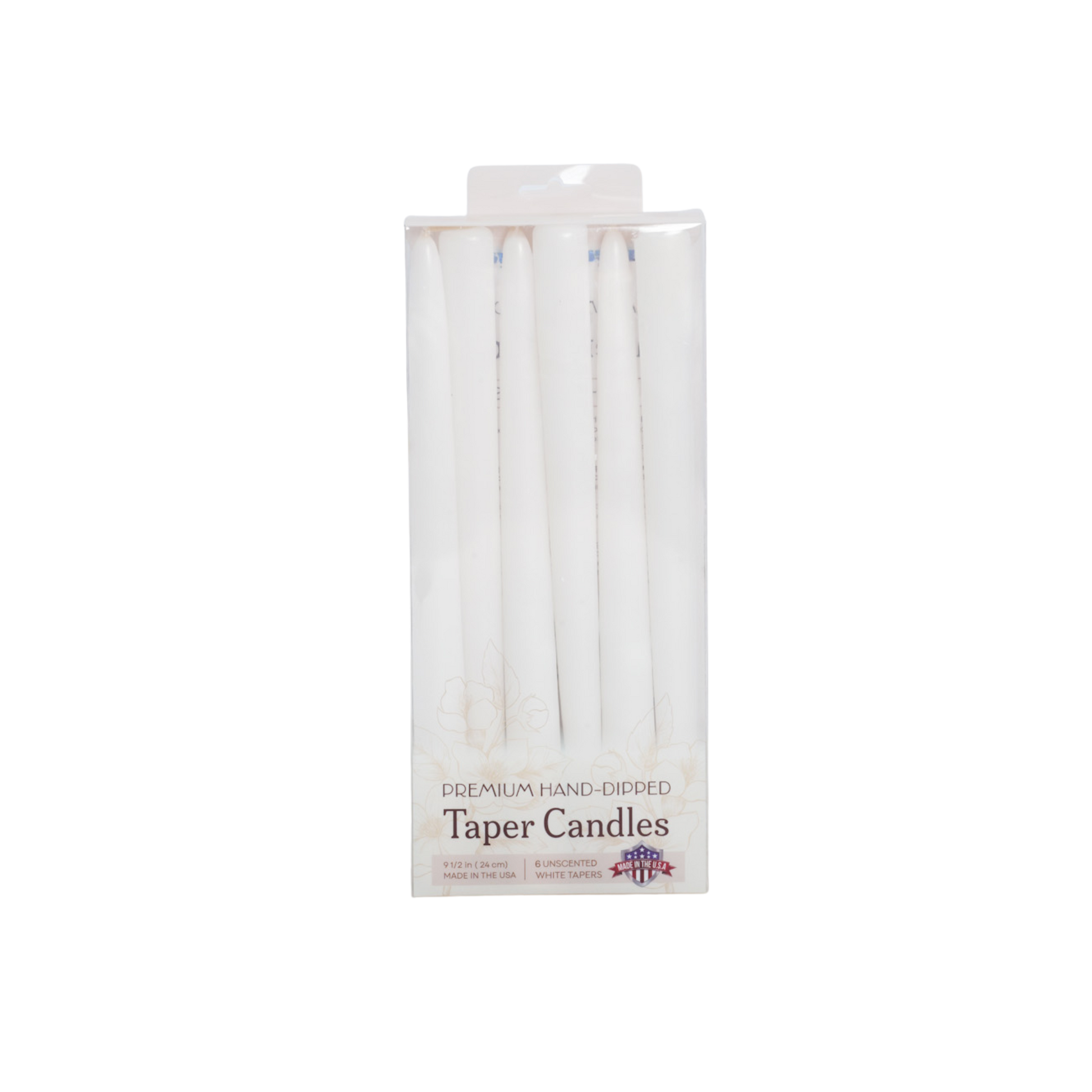 Pack of premium hand-dipped taper candles in clear packaging 