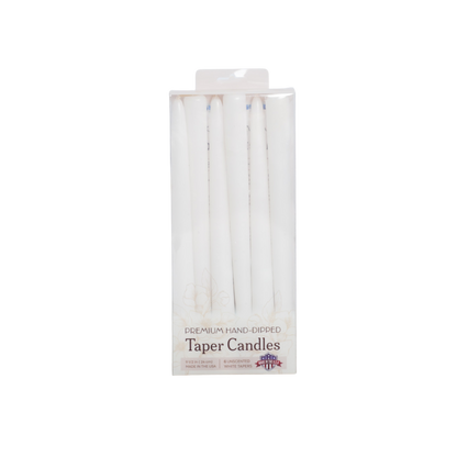 Pack of premium hand-dipped taper candles in clear packaging 
