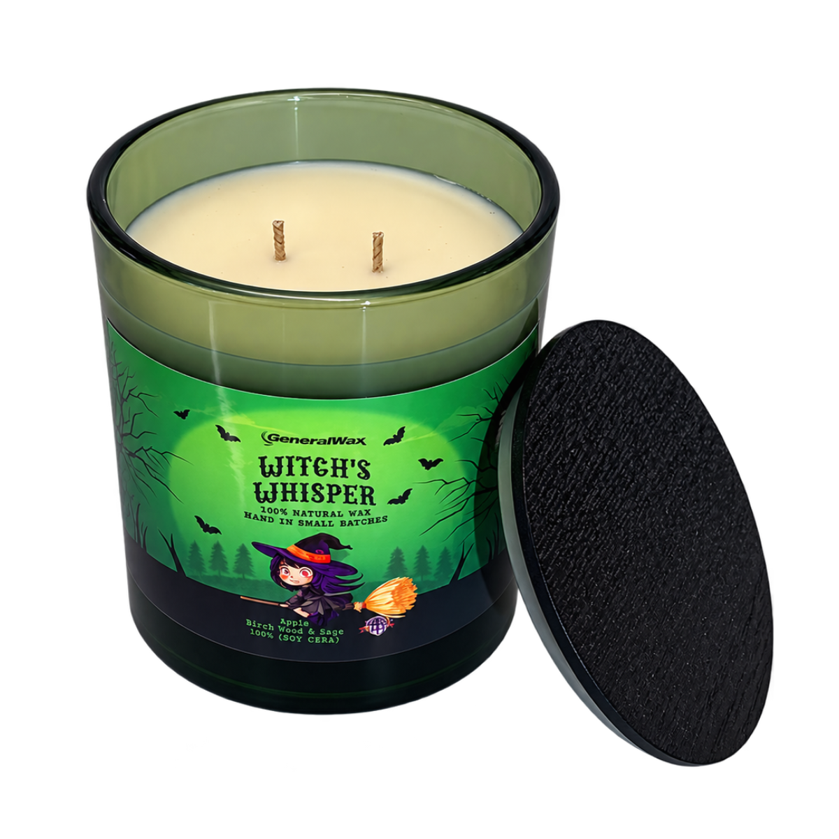 Witch's_ Whisper scented candle in a forest green glass jar with witch and bat artwork