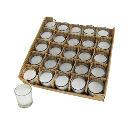 Filled GLASS VOTIVE CANDLES (25 Piece Tray)